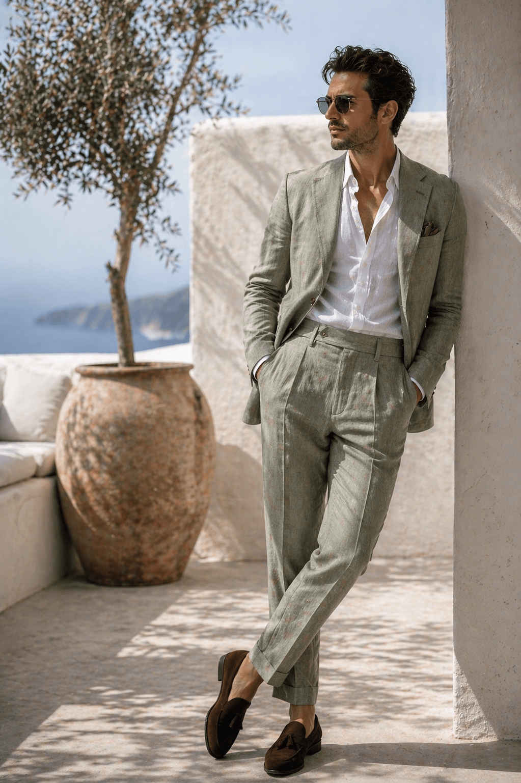 Luxury linen suit in muted olive green paired with sunglasses and brown tassel loafers
