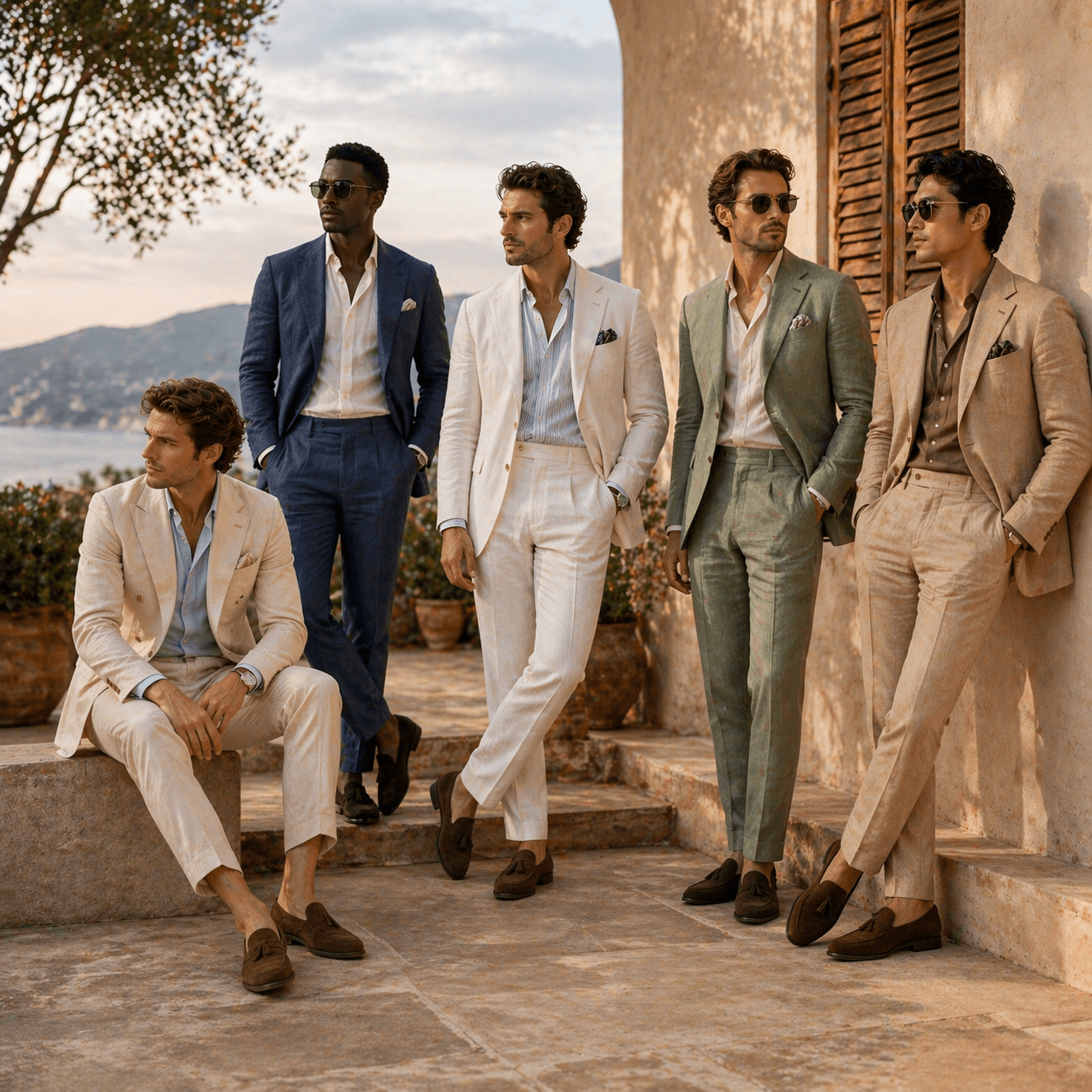 Group of men wearing luxury linen suits in neutral tones at a Mediterranean resort setting