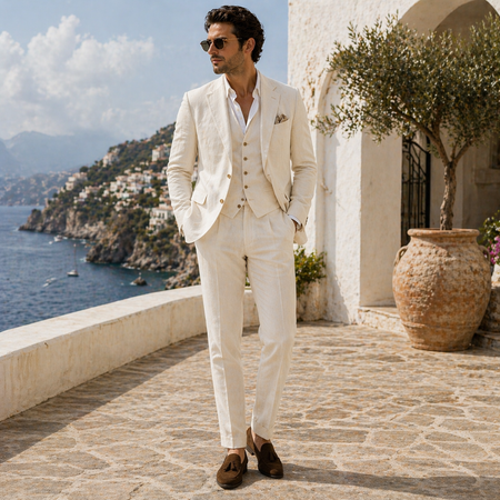 Elegant man wearing a tailored ivory linen three-piece suit with loafers and sunglasses, showcasing luxury summer wedding menswear and sophisticated resort formal fashion by a scenic Mediterranean coastal villa.
