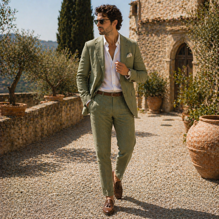 Sage green linen suit styled with a white shirt and loafers for elegant summer menswear.