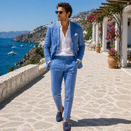 Fashionable blue linen suit with loafers for warm-weather formal events
