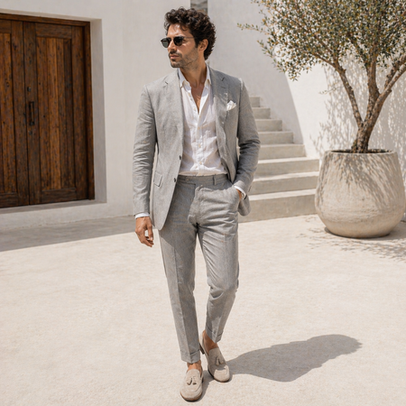Stylish light gray linen suit for men with relaxed luxury summer fashion styling