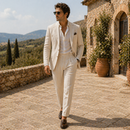 Man wearing an ivory linen suit with an open-collar shirt and loafers, walking along a sunlit stone terrace in a Mediterranean setting.