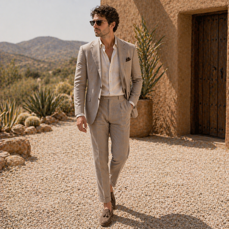 Stylish man wearing a tailored beige linen suit with open-collar shirt and loafers, showcasing modern summer wedding and resort formalwear fashion in a luxury desert-inspired outdoor setting.
