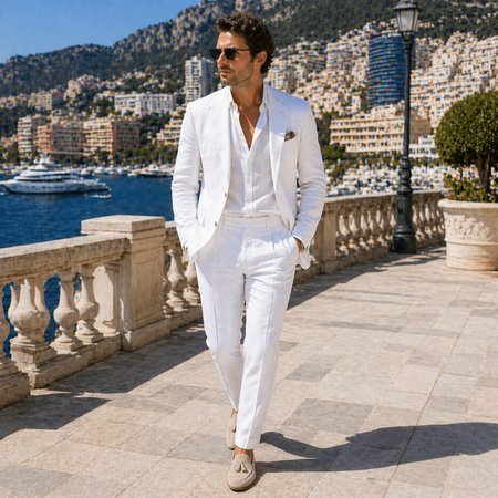 Man wearing a white linen suit and open-collar shirt walking along a luxury waterfront promenade