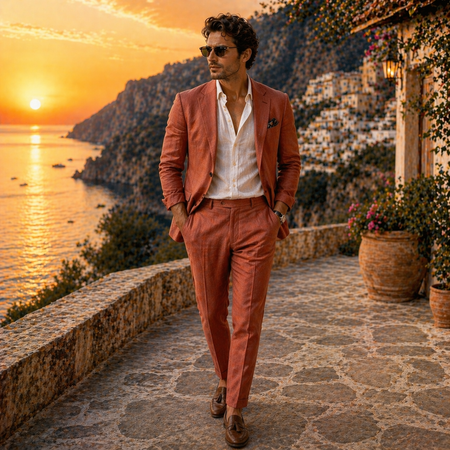 Modern summer formalwear featuring a coral linen suit against a luxury coastal mountain backdrop