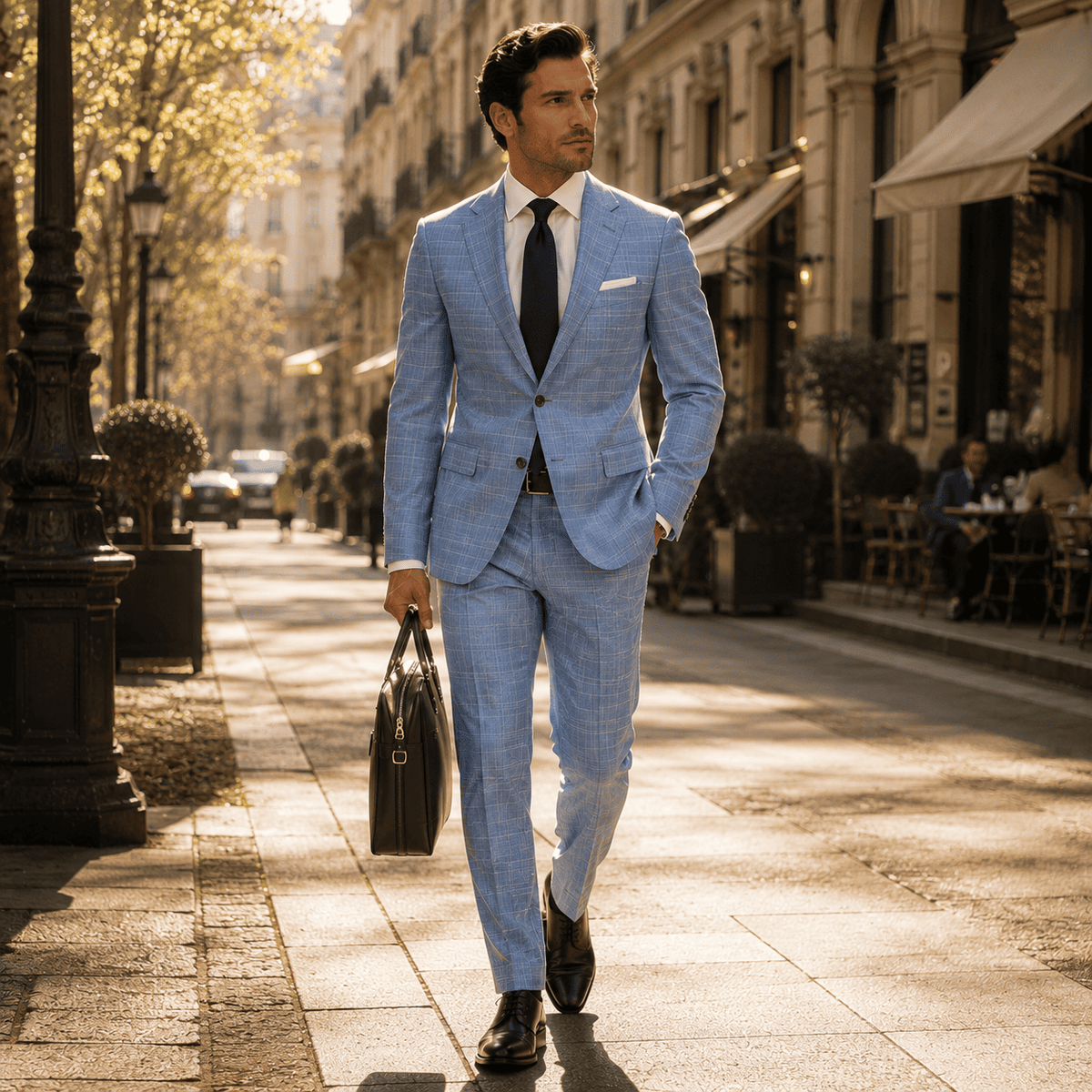 Man wearing a tailored light blue plaid suit with a white dress shirt, navy silk tie, black Oxford shoes, and leather briefcase, walking through a luxury city street in premium business attire.