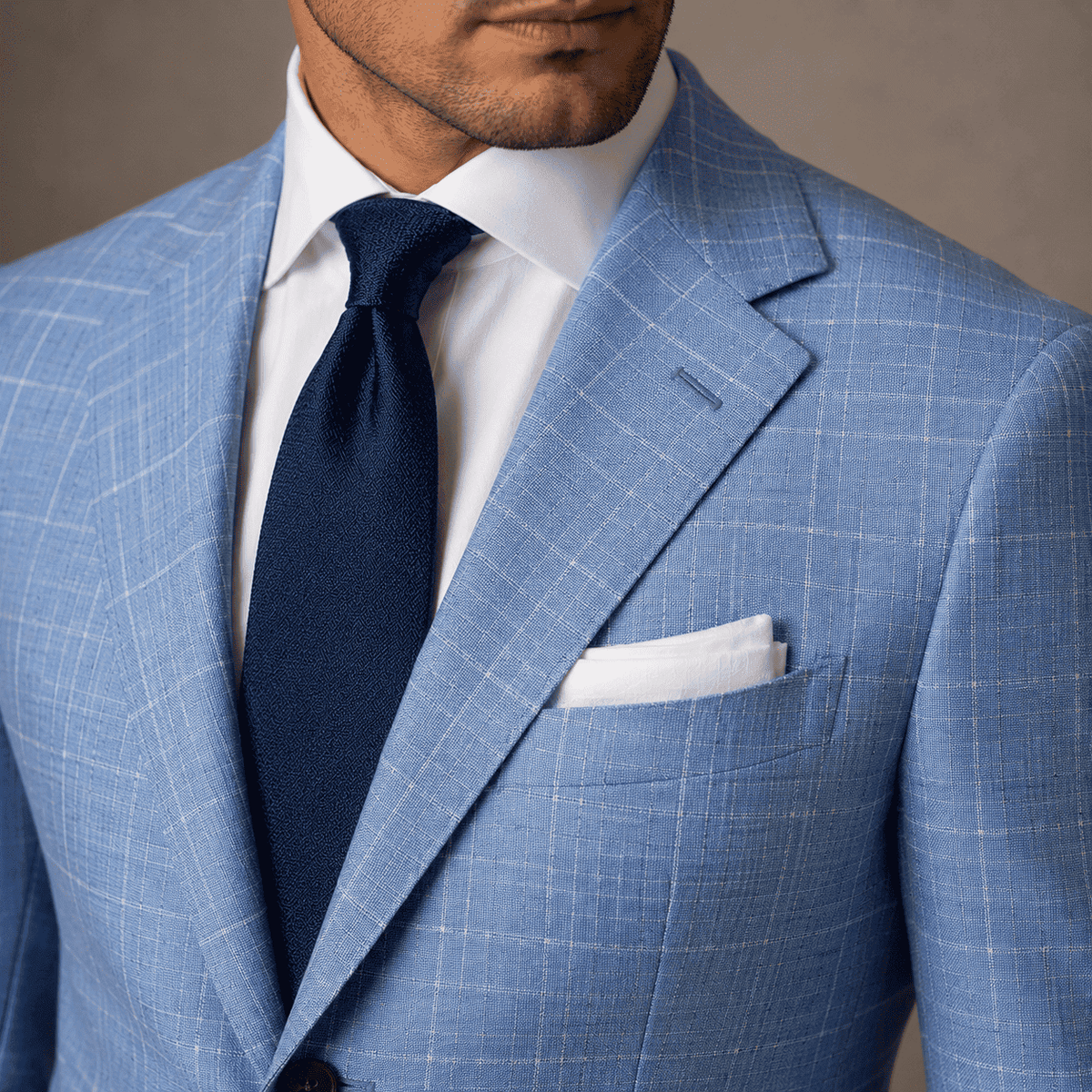 Close-up of a tailored light blue business suit with a crisp white dress shirt, navy silk tie, white pocket square, and structured notch lapel, showcasing premium custom tailoring and luxury men's formalwear.