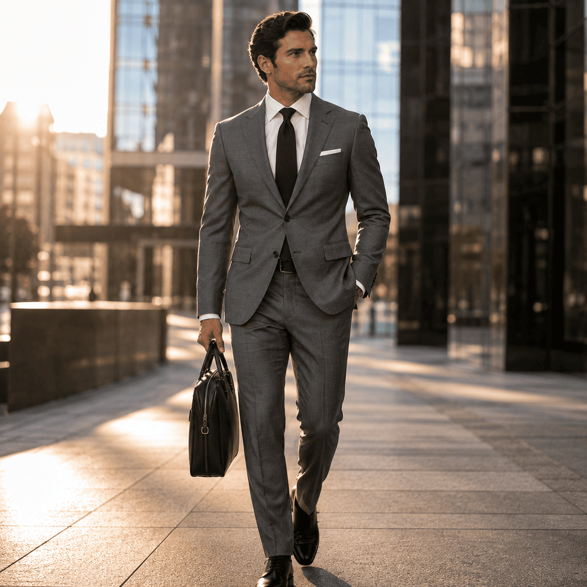 Man walking in a tailored gray business suit with a crisp white dress shirt, black silk tie, black leather briefcase, and polished Oxford shoes, showcasing premium custom tailoring and executive men's business attire.