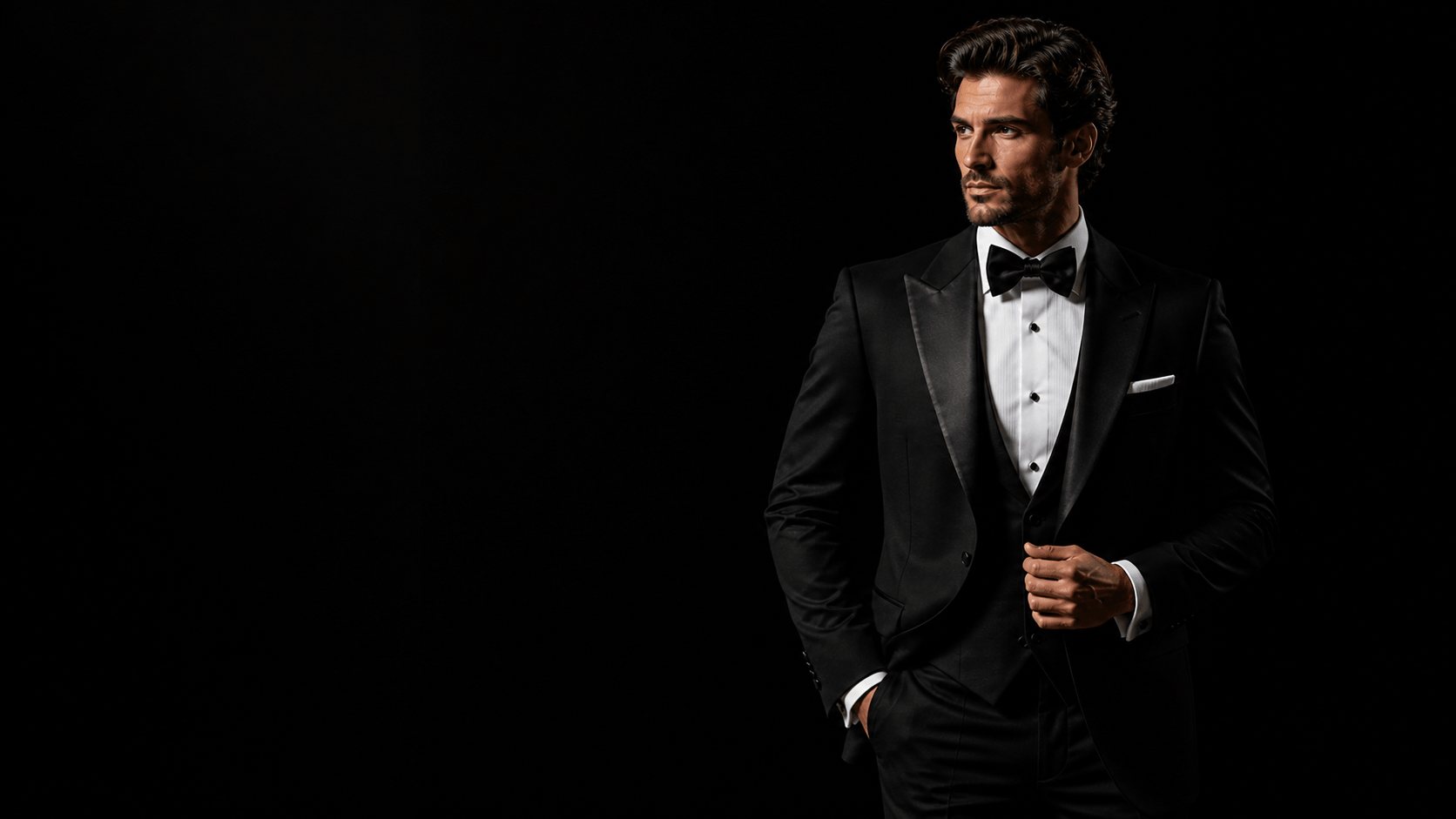 Man wearing a black tuxedo with satin lapels and a bow tie, posing against a dark background in a formal evening fashion portrait.