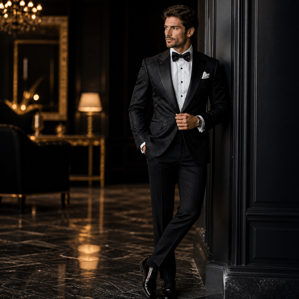 Man wearing a black patterned tuxedo jacket with satin lapels and bow tie in a luxury interior