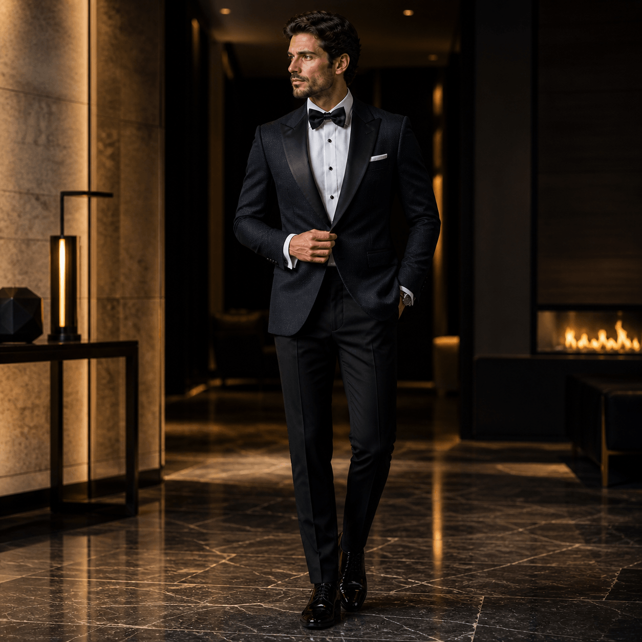 Elegant man wearing a tailored black tuxedo with satin lapels and bow tie, styled for a luxury black-tie event in a modern upscale hotel interior with sophisticated evening fashion aesthetics.

