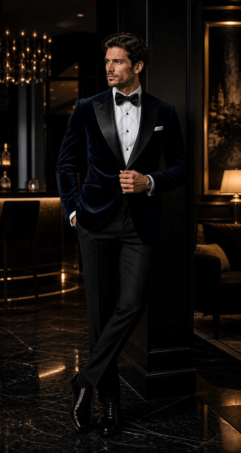 Elegant groom wearing a navy velvet tuxedo jacket with black satin lapels and bow tie, posing in a luxury modern interior for premium wedding and formal menswear inspiration.