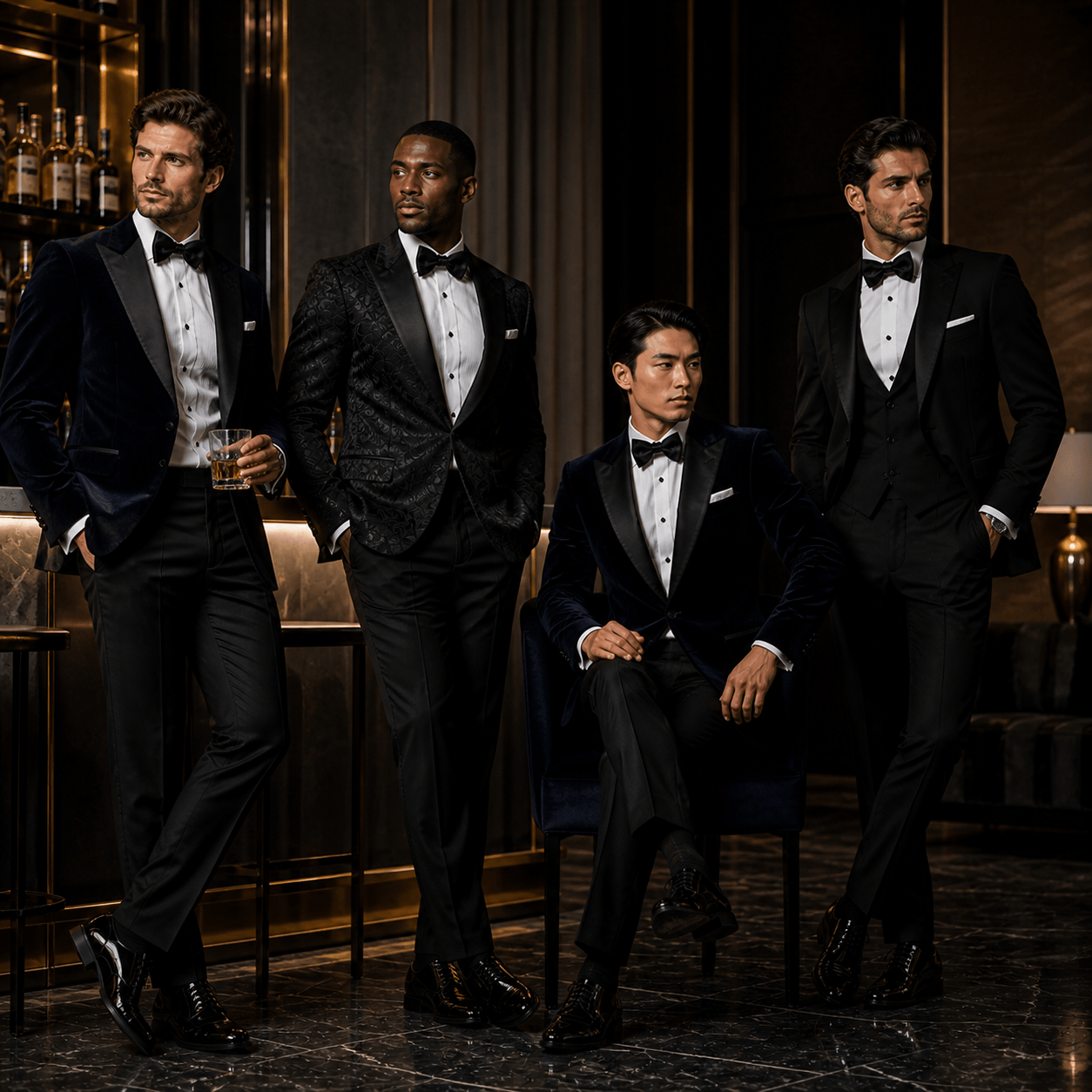 Stylish group portrait showcasing luxury black formalwear and timeless gentleman fashion.