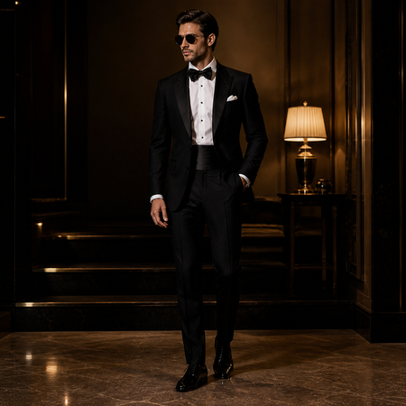 Man wearing a black tuxedo with bow tie and sunglasses walking through a luxury hotel interior