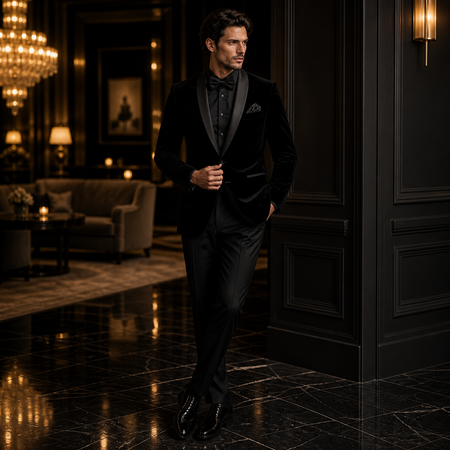 Stylish man wearing a luxury black velvet tuxedo with satin shawl lapels, black bow tie, and monochrome formalwear, showcasing sophisticated black-tie mens fashion in an upscale luxury interior setting.
