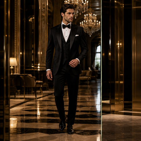 Sophisticated groom in a black three-piece tuxedo with satin peak lapels and bow tie, walking through a luxury ballroom with crystal chandeliers, showcasing timeless black-tie wedding fashion.
