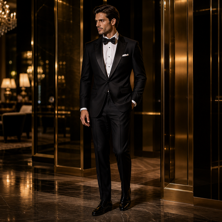 Classic black tuxedo for men with satin peak lapels and bow tie in a luxury hotel setting