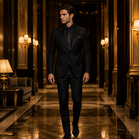 Elegant man wearing a sleek all-black tailored suit with black shirt and tie, showcasing sophisticated formal menswear in a luxury hotel corridor with modern monochrome evening fashion styling.
