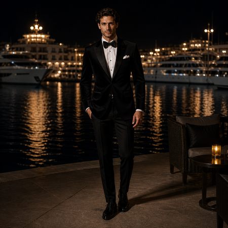 Elegant groom wearing a tailored black tuxedo with satin shawl lapels, bow tie, and luxury formal eveningwear, standing by a waterfront marina at night with sophisticated black-tie wedding fashion styling.

