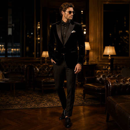 Stylish man wearing a luxury black velvet tuxedo with satin lapels and formal black shirt, posing in an upscale lounge interior with premium evening wear and sophisticated black-tie fashion styling.
