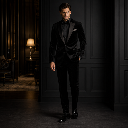 Elegant black velvet tuxedo for men with satin lapels and black bow tie in luxury formalwear setting