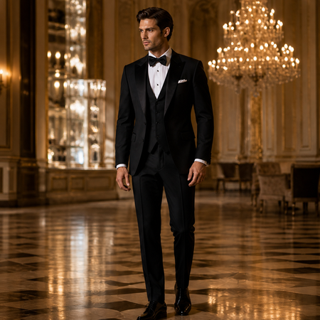 Luxury black three-piece tuxedo for men featuring satin lapels, bow tie, and formal evening wear styling in a grand ballroom setting.