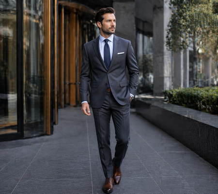 Professional man in a tailored charcoal gray business suit with a navy tie, walking confidently through a modern urban business district.