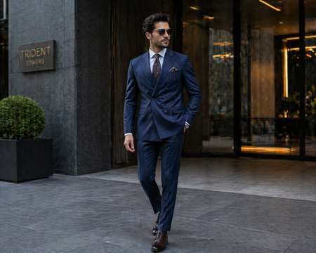 Man wearing a navy blue pinstripe double-breasted suit with a patterned tie and sunglasses, walking confidently in a modern luxury business setting.