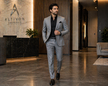 Modern businessman wearing a tailored light grey suit with black dress shirt and loafers, showcasing sophisticated business formal menswear in a luxury corporate lobby with contemporary executive style.
