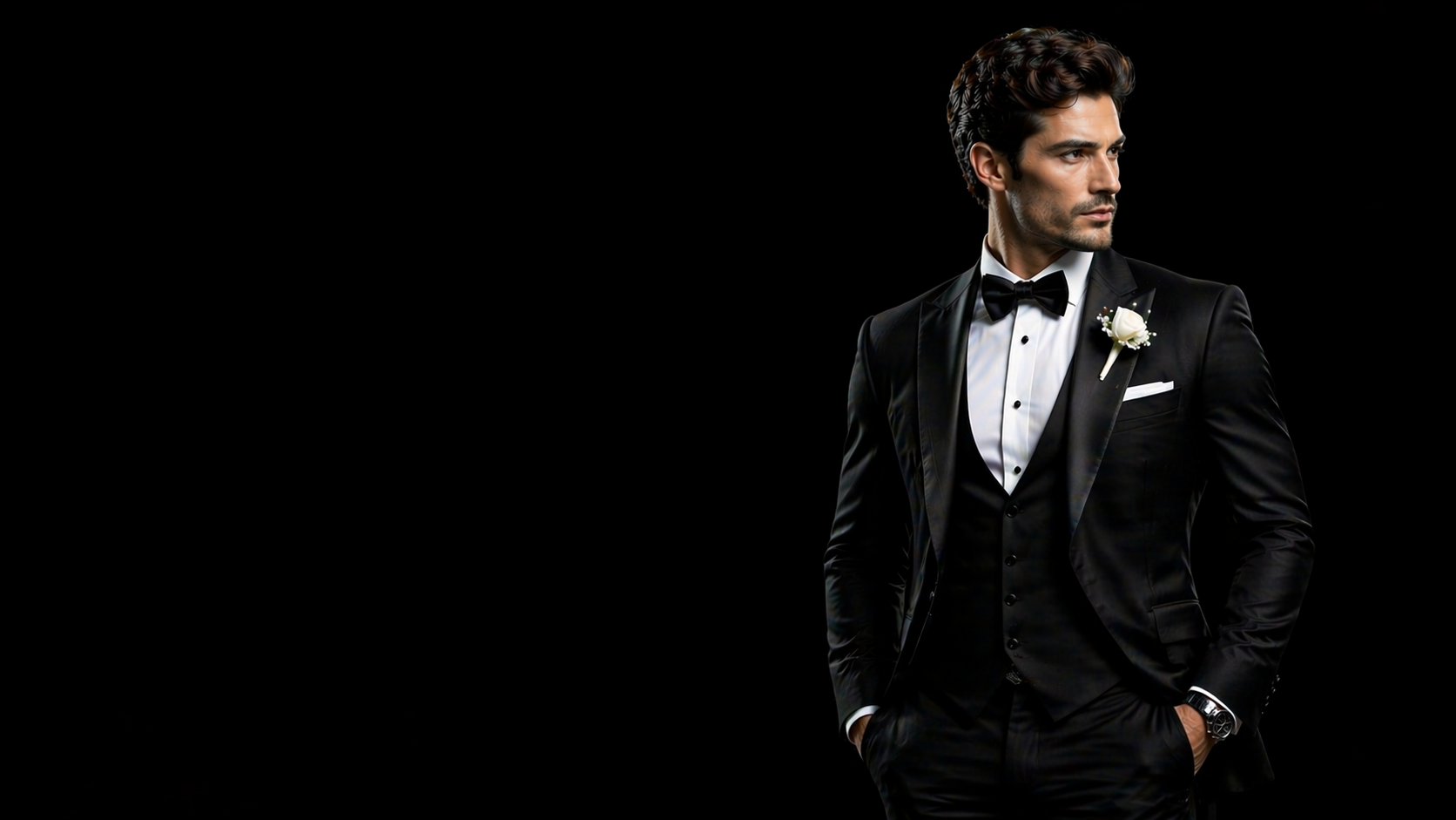 Sophisticated groom wearing a tailored black tuxedo with satin lapels, bow tie, and waistcoat, styled for a luxury wedding or black-tie formal event against a dramatic dark background.
