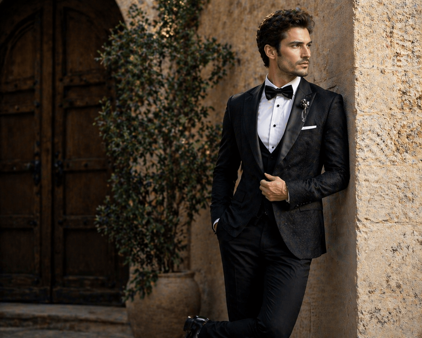 Luxury black patterned tuxedo for men featuring satin lapels, bow tie, and three-piece formal styling for weddings, galas, and black-tie events.