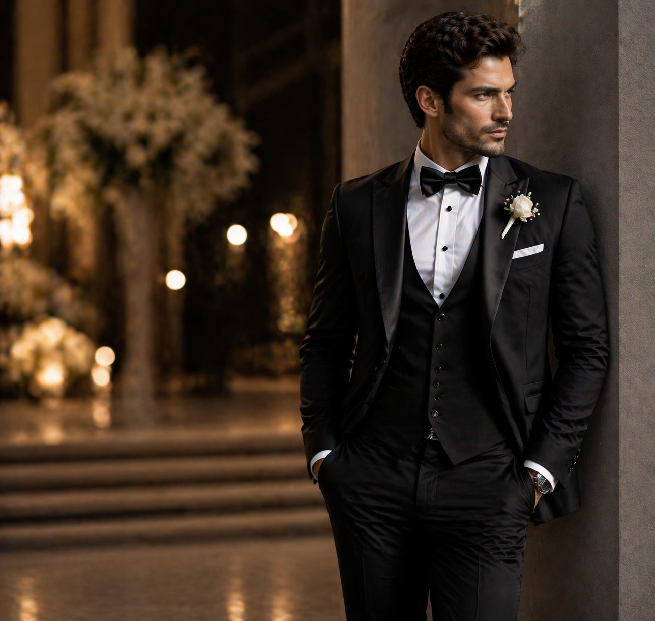 Classic groom tuxedo in black featuring a three-piece suit and white rose lapel flower