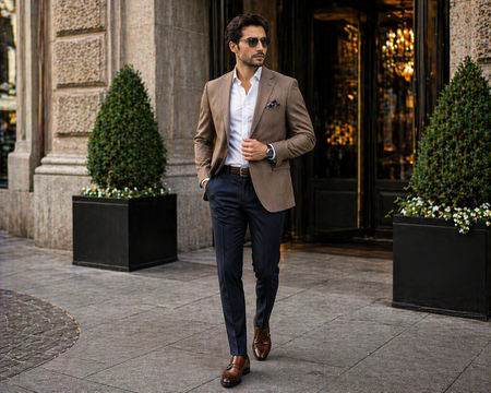 Well-dressed man wearing a brown textured blazer, white dress shirt, navy trousers, and brown leather loafers, walking confidently in a sophisticated urban setting with modern business style.