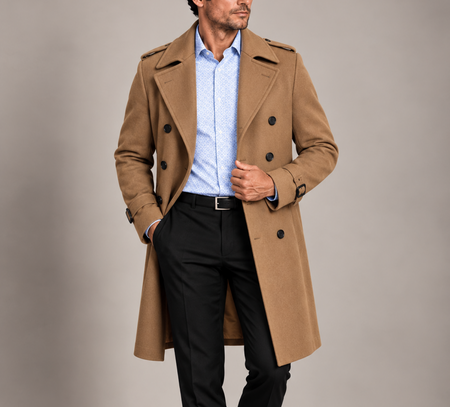 Man wearing a tailored camel double-breasted overcoat with a light blue patterned dress shirt and black trousers.