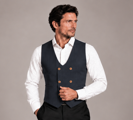 Man wearing a navy double-breasted waistcoat over a white patterned dress shirt with black trousers.