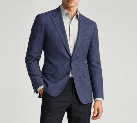 Man wearing a tailored blue textured blazer with a light gray dress shirt and dark trousers for a polished business look.
