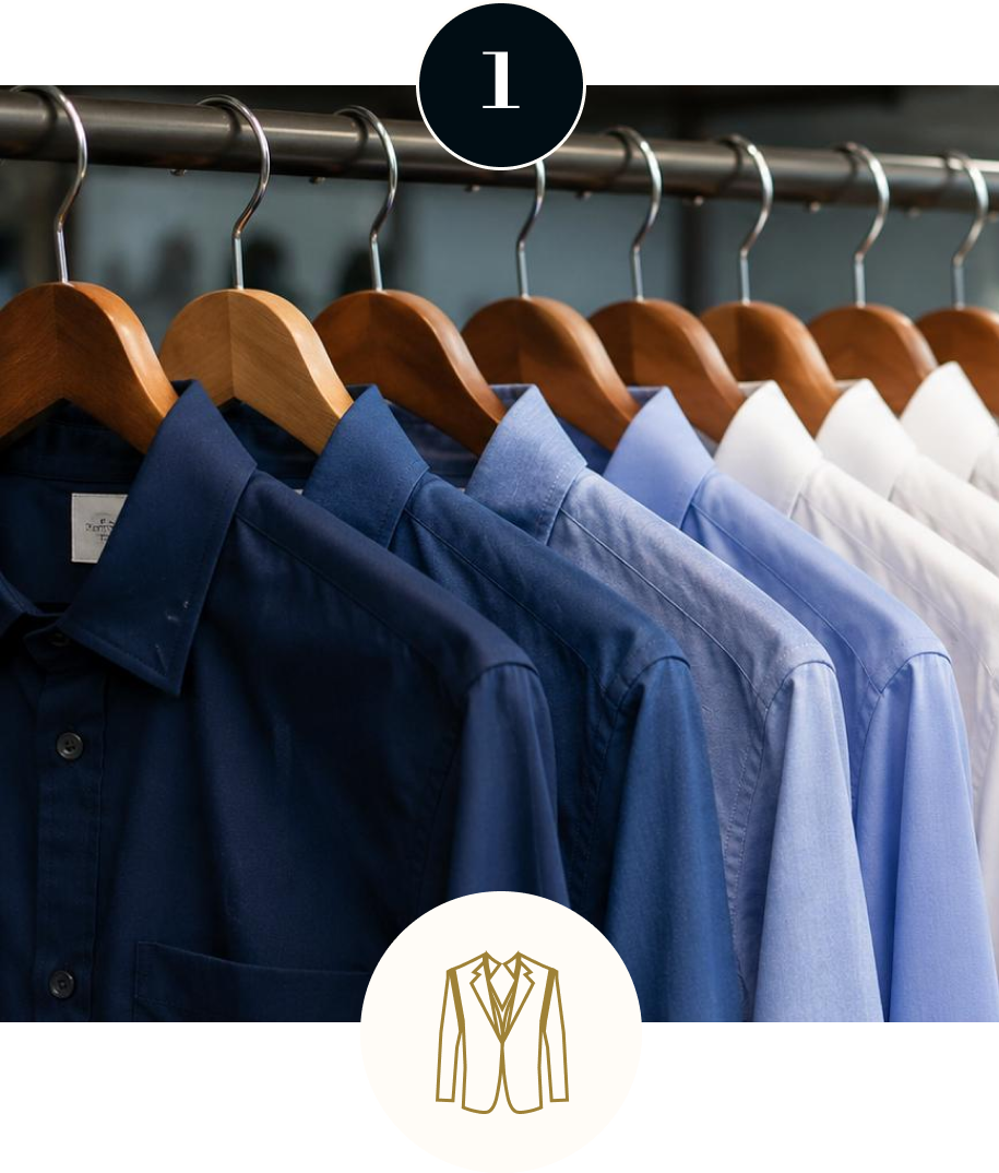 Selection of men's custom dress shirts in navy, blue, light blue, and white displayed on wooden hangers.
