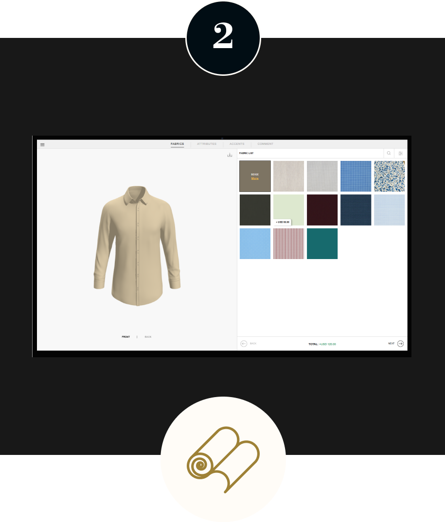 3D shirt configurator showing fabric selection options for customizing a men's dress shirt.