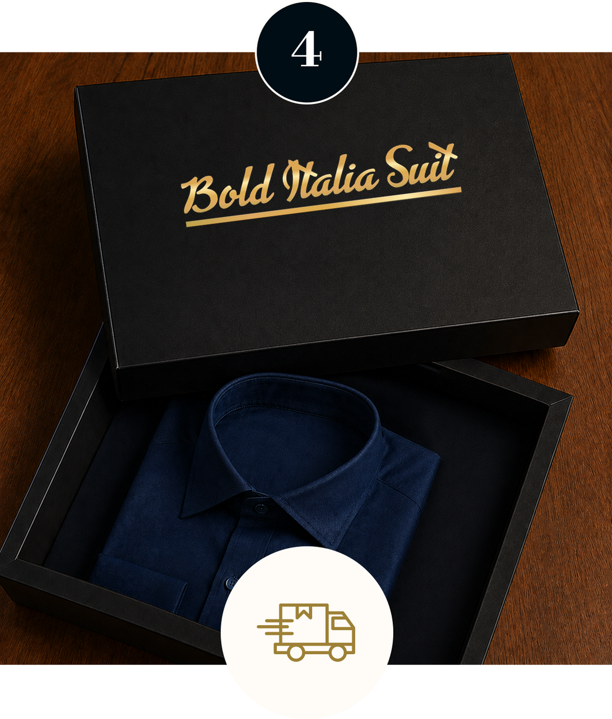 Bold Italia Suit packaging with a folded navy custom dress shirt prepared for delivery.