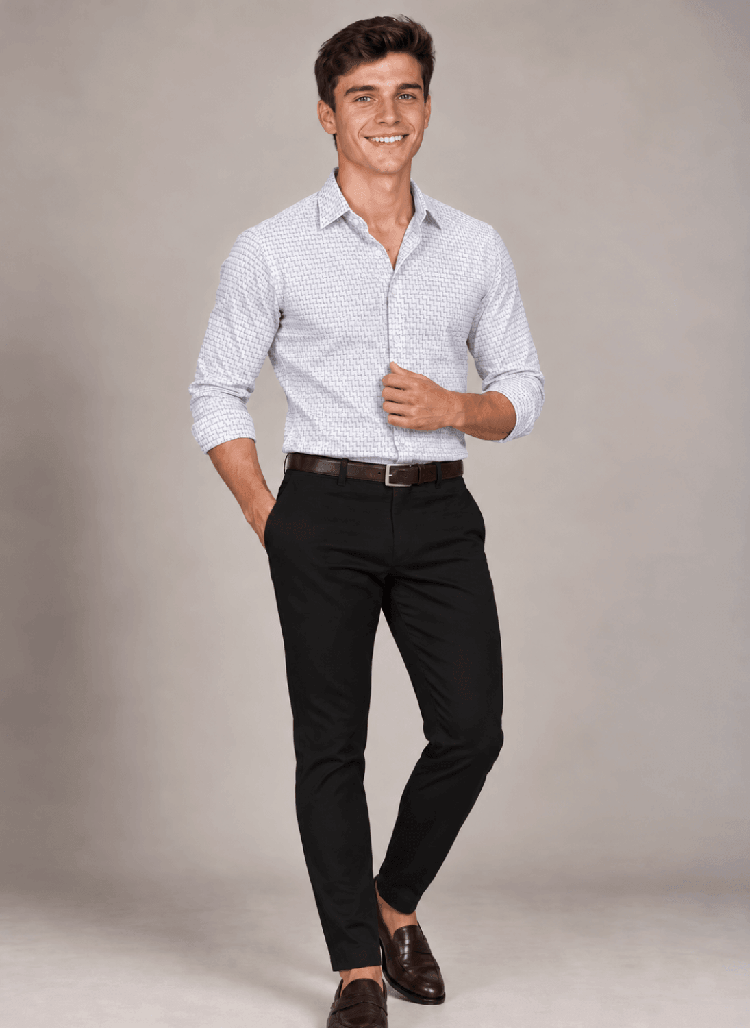 Men's Signature gray jacquard dress shirt with a subtle textured pattern, styled with black trousers and brown loafers.