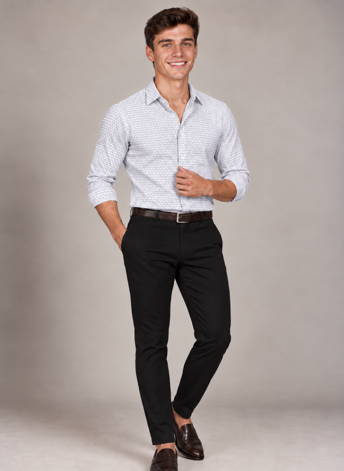 Men's Signature gray jacquard dress shirt with a subtle textured pattern, styled with black trousers and brown loafers.