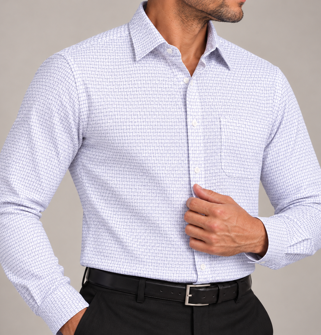 Close-up of a men's Signature gray jacquard dress shirt showcasing its subtle geometric woven pattern, tailored collar, and chest pocket.