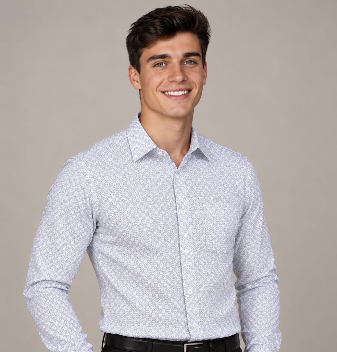 Men's Signature gray jacquard dress shirt featuring a subtle woven pattern, tailored collar, and refined fitted silhouette.