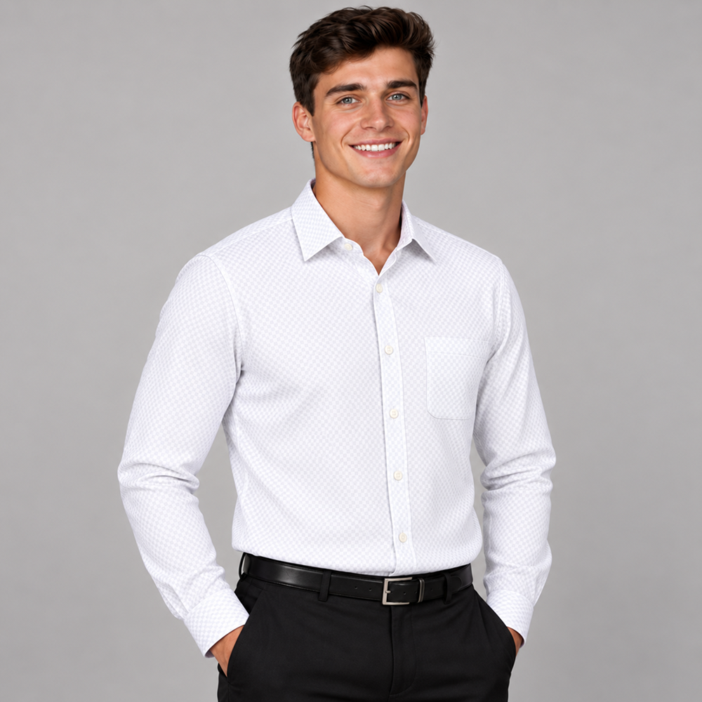 Man wearing a crisp white plaid dress shirt with black trousers, showcasing a polished men's formal shirt style.