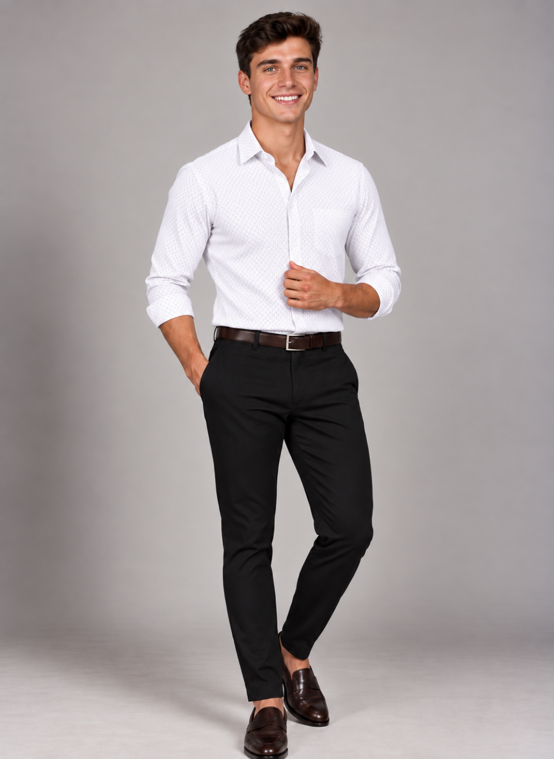 Man wearing a signature crisp white plaid shirt with black trousers and brown loafers for a polished smart-casual look.