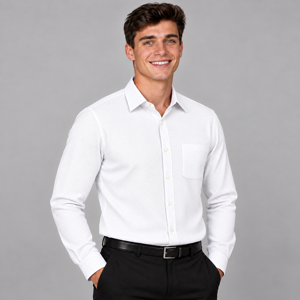 Man wearing a men's signature white plaid dress shirt with black trousers for a polished formal look.
