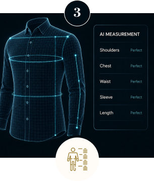 AI body measurement technology analyzing shoulder, chest, waist, sleeve, and shirt length for a precise custom shirt fit.