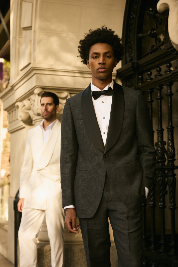 Men wearing tuxedo and white suit formal evening wear black tie outfits