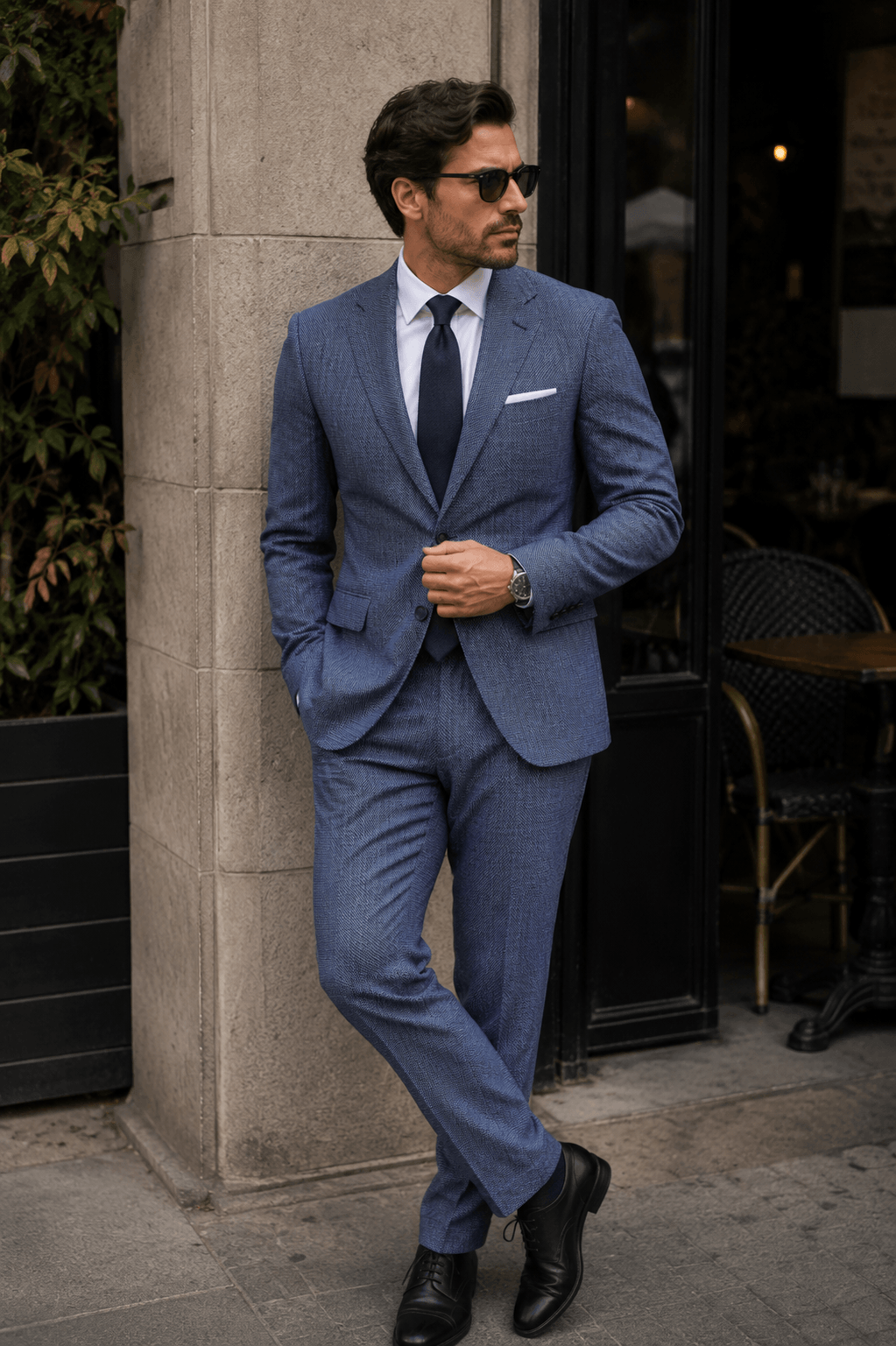 Man wearing a tailored light blue plain suit with a white dress shirt, navy tie, and black Oxford shoes for business formal style